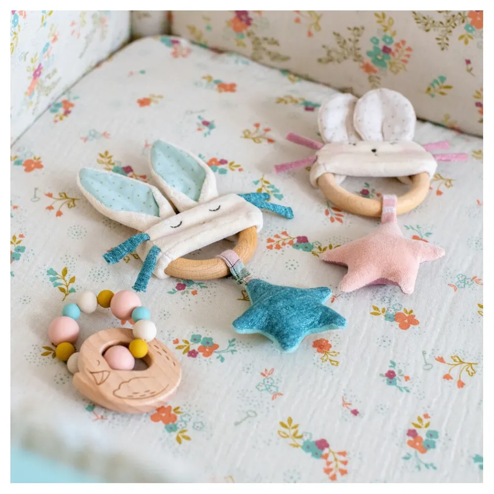 Moulin Roty wooden ring rattle - pink & cream mouse|Cottontails Baby Clearance