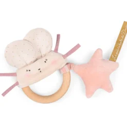 Moulin Roty wooden ring rattle - pink & cream mouse|Cottontails Baby Clearance