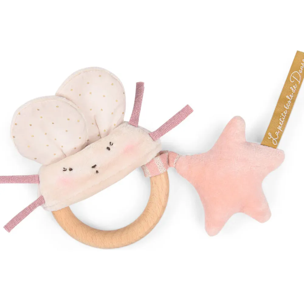 Moulin Roty wooden ring rattle - pink & cream mouse|Cottontails Baby Clearance