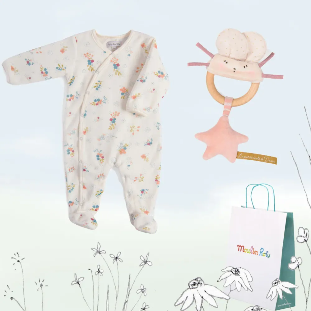 New Baby Gift Set - pretty sleep suit & mouse rattle|Cottontails Baby Best