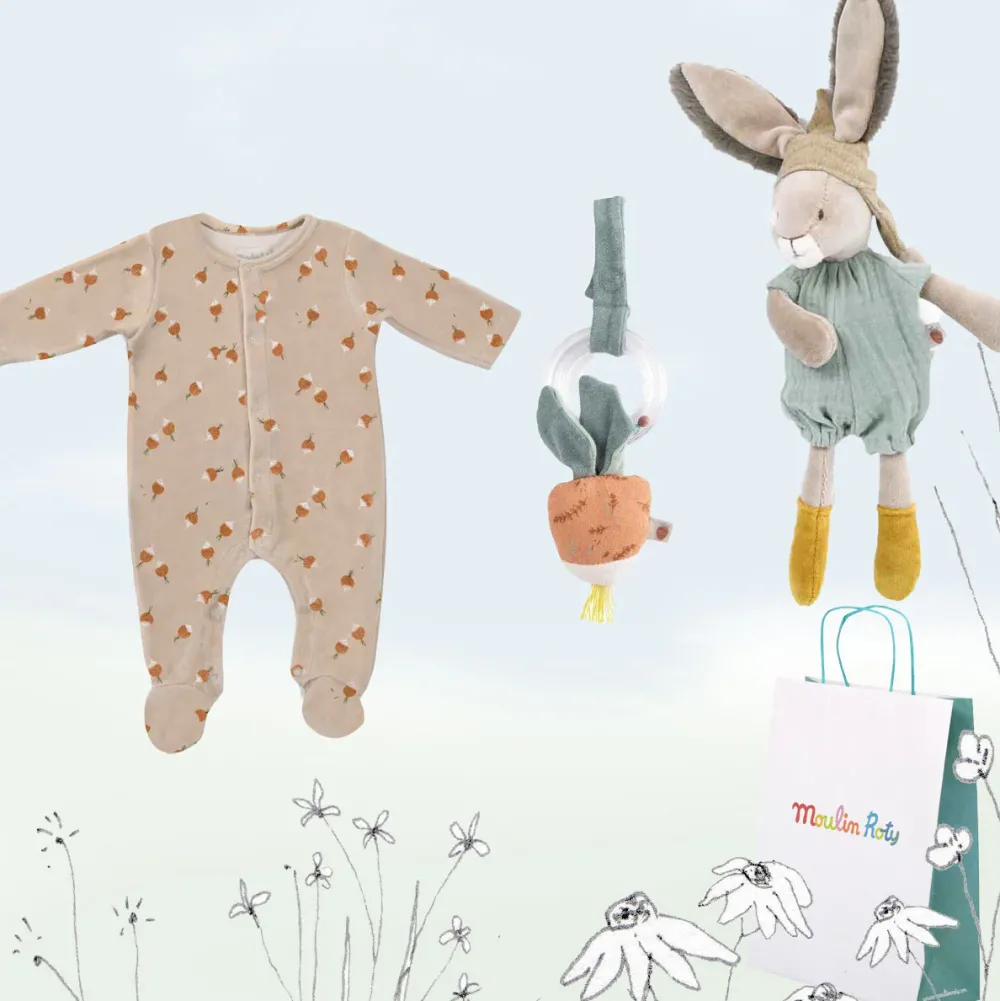 New Baby Gift-wrapped Set - sleep suit, rabbit & radish|Cottontails Baby Online