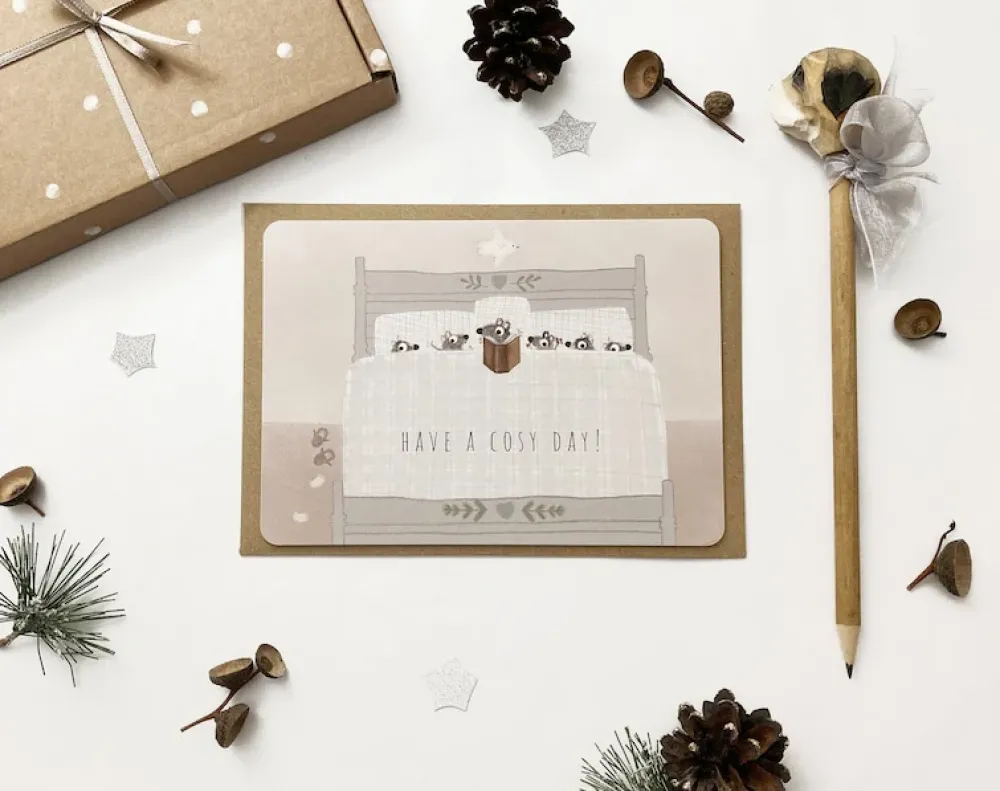 Postcard & Envelope - Mouse Family in Bed / Cosy Day|Cottontails Baby Outlet